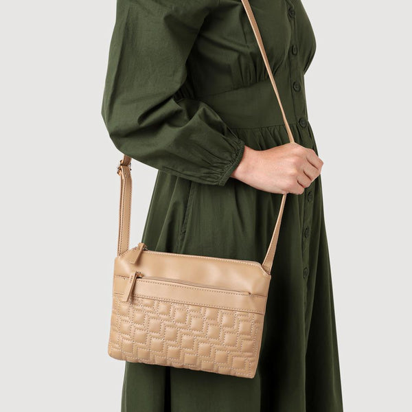 Pavers Zip-Close Shoulder Bag - Beige