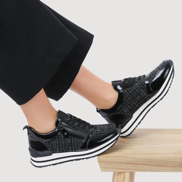 Pavers Zip-Up Laced Floral Trainers - Black Tweed