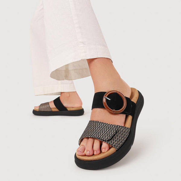Pavers Premium Leather Dual-Fastening Sandals - Black Multi