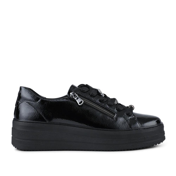 pavers Remonte Leather Zip & Lace Trainers - Black Patent