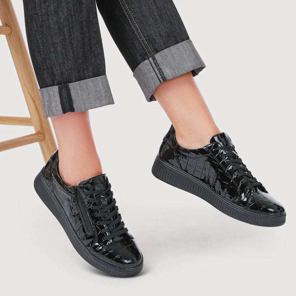 Pavers Remonte Patent Leather Zip & Lace Trainers - Black Croc