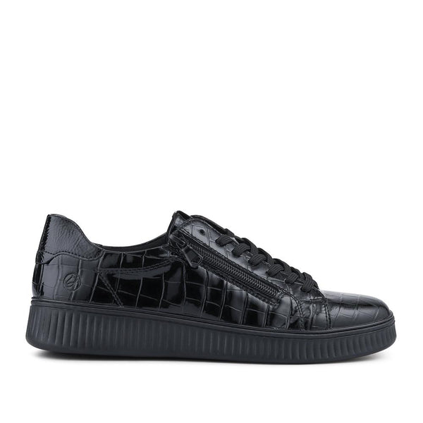 pavers Remonte Patent Leather Zip & Lace Trainers - Black Croc