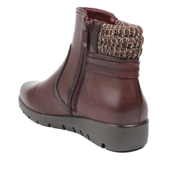 Pavers Smart Knitted Cuff Wedged Ankle Boots - Burgundy
