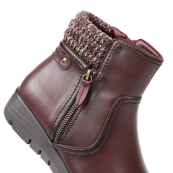 Pavers Smart Knitted Cuff Wedged Ankle Boots - Burgundy