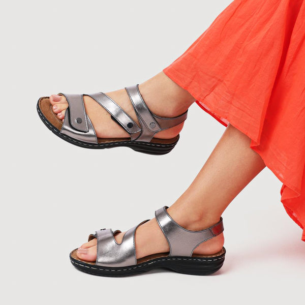 Pavers Touch-Fasten Cushioned Leather Sandals - Pewter