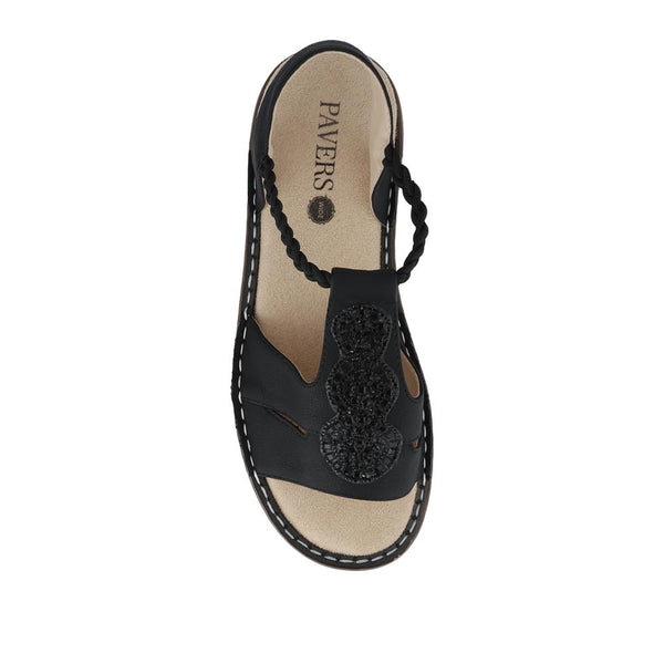 Pavers Wide Fit Elasticated Wedge-Heeled Sandals - Black