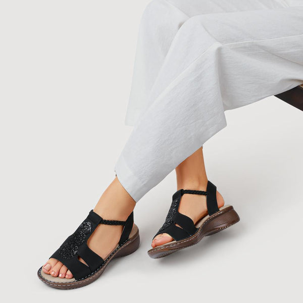 Pavers Wide Fit Elasticated Wedge-Heeled Sandals - Black