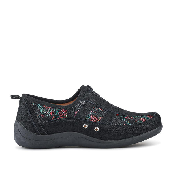 Pavers Wide Fit Leather Arch Support Trainers - Black Floral