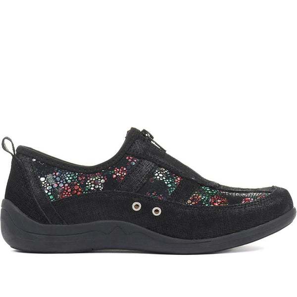 Pavers Wide Fit Leather Arch Support Trainers - Black Floral