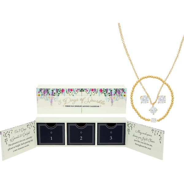 pavilion gift company 3 Days of Gold Sparkle 18K Gold Plated Cubic Zirconia Necklace Bracelet and Earrings Set