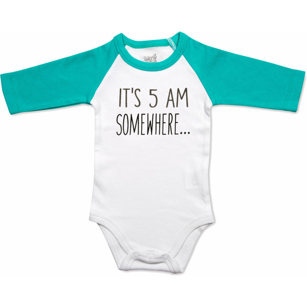 pavilion gift company 5 AM 12-24 Months 3/4 Length Teal Sleeve Onesie