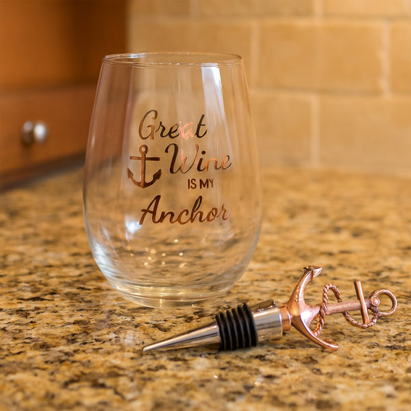 Pavilion Gift Company Anchor Bottle Stopper And 20 Oz Stemless Gift Set