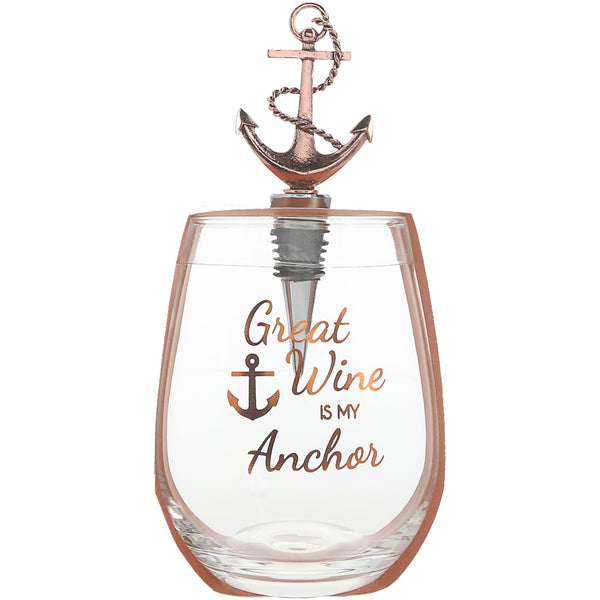 pavilion gift company Anchor Bottle Stopper and 20 oz Stemless Gift Set