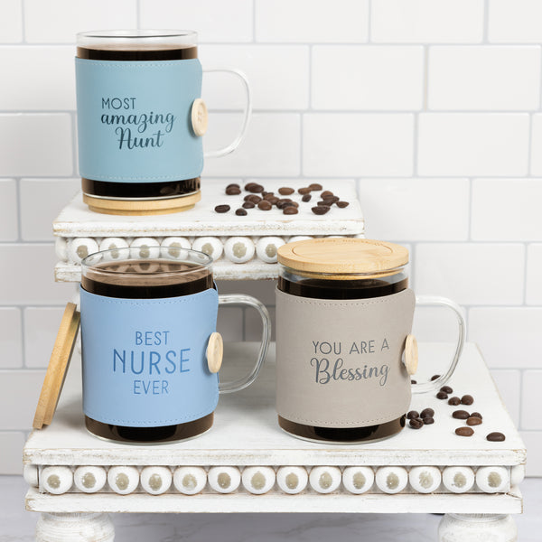 Pavilion Gift Company Aunt 16 Oz Wrapped Glass Mug With Coaster Lid