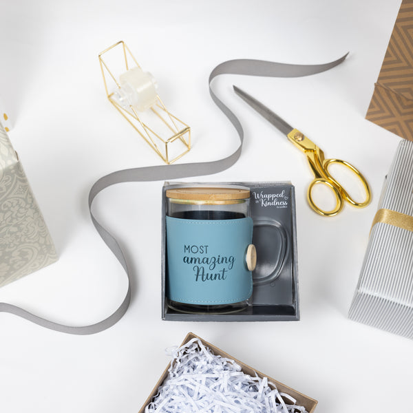 Pavilion Gift Company Aunt 16 Oz Wrapped Glass Mug With Coaster Lid