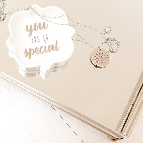 Pavilion Gift Company Aunt Silk Crystal 16.5"-20.5" Engraved Rhodium Plated Austrian Element Necklace