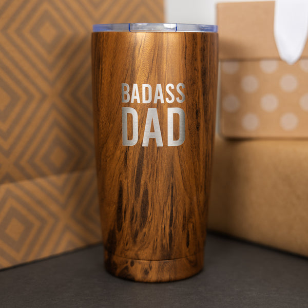Pavilion Gift Company Badass Dad 20 Oz Wood Finish Stainless Steel Travel Tumbler