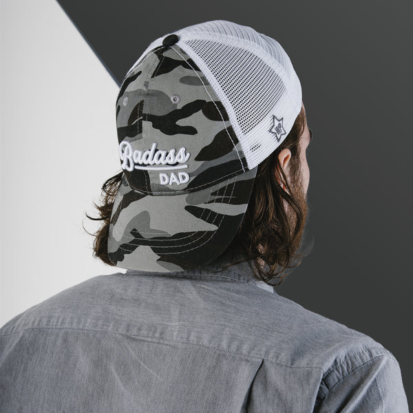 Pavilion Gift Company Badass Dad Gray Camo Adjustable Mesh Hat