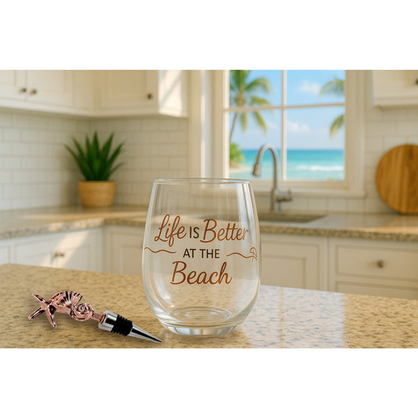 Pavilion Gift Company Beach Bottle Stopper And 20 Oz Stemless Gift Set