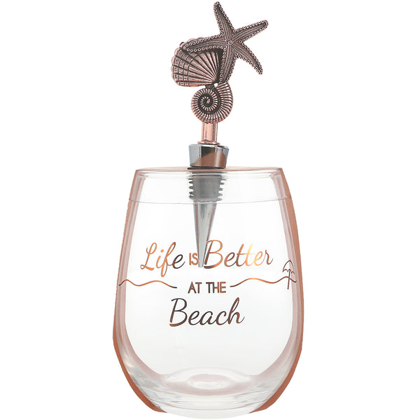 pavilion gift company Beach Bottle Stopper and 20 oz Stemless Gift Set