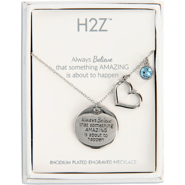 pavilion gift company Believe Aquamarine Crystal 16.5"-20.5" Engraved Rhodium Plated Austrian Element Necklace