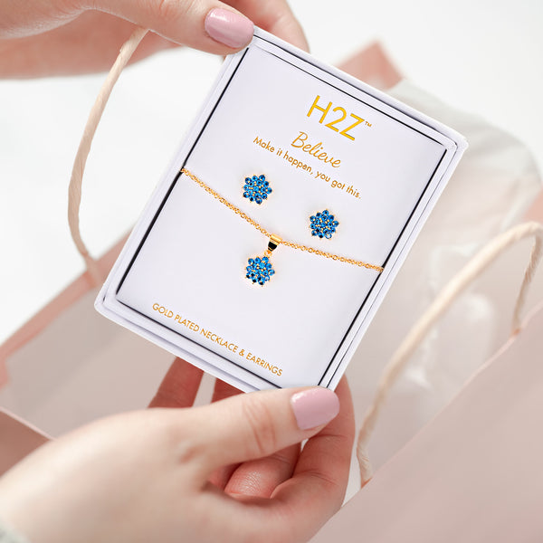 Pavilion Gift Company Believe Floral Burst Aquamarine Zircon - 16.5"-18.5" Inspirational 18K Gold Plated Gift Set
