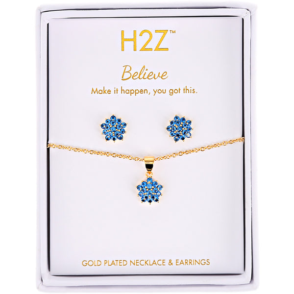 pavilion gift company Believe Floral Burst Aquamarine Zircon - 16.5"-18.5" Inspirational 18K Gold Plated Gift Set
