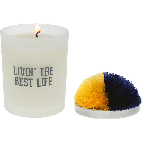 pavilion gift company Best Life Blue & Yellow - 5.5 oz - 100% Soy Wax Candle with Pom Pom Lid Scent: Tranquility