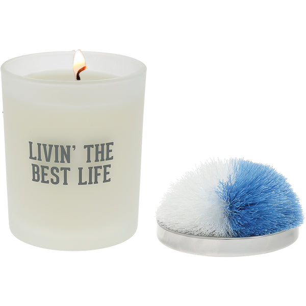 pavilion gift company Best Life Light Blue & White - 5.5 oz - 100% Soy Wax Candle with Pom Pom Lid Scent: Tranquility