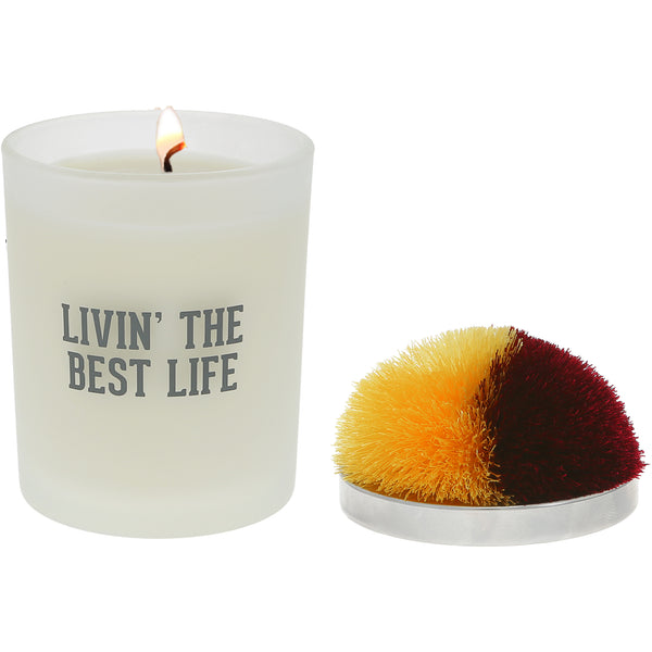 pavilion gift company Best Life Maroon & Yellow - 5.5 oz - 100% Soy Wax Candle with Pom Pom Lid Scent: Tranquility