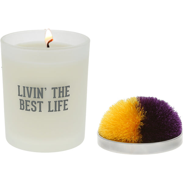 pavilion gift company Best Life Purple & Yellow - 5.5 oz - 100% Soy Wax Candle with Pom Pom Lid Scent: Tranquility