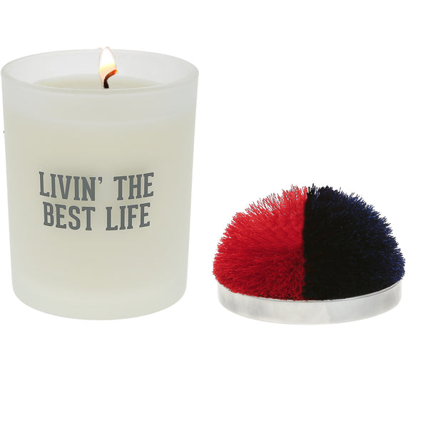 pavilion gift company Best Life Red & Navy - 5.5 oz - 100% Soy Wax Candle with Pom Pom Lid Scent: Tranquility