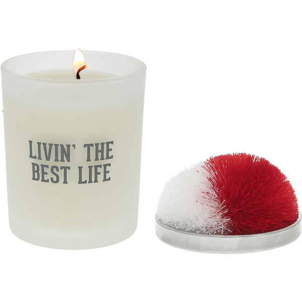 pavilion gift company Best Life Red & White - 5.5 oz - 100% Soy Wax Candle with Pom Pom Lid Scent: Tranquility