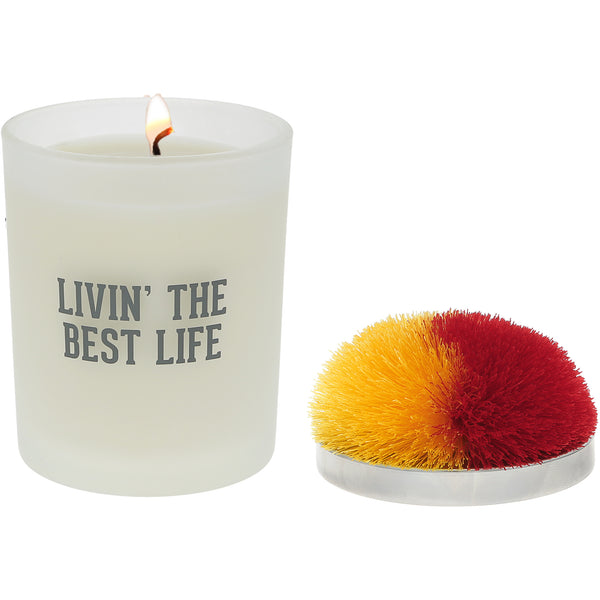 pavilion gift company Best Life Red & Yellow - 5.5 oz - 100% Soy Wax Candle with Pom Pom Lid Scent: Tranquility
