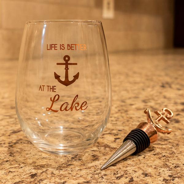 Pavilion Gift Company Better At The Lake Bottle Stopper And 20 Oz Stemless Gift Set