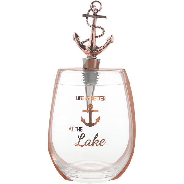 pavilion gift company Better at the Lake Bottle Stopper and 20 oz Stemless Gift Set