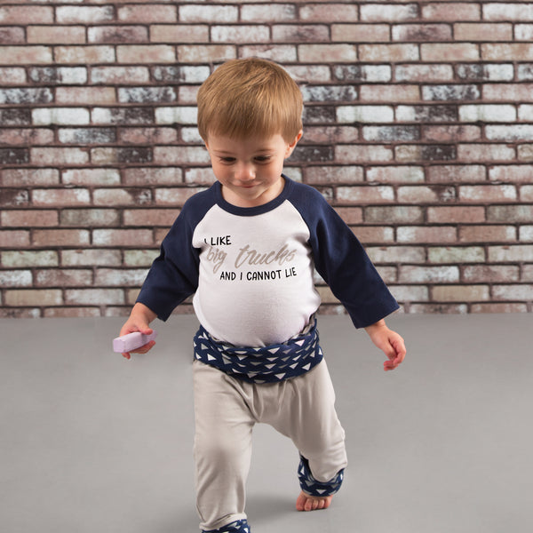 Pavilion Gift Company Big Trucks 6-12 Months 3/4 Length Navy Sleeve Onesie