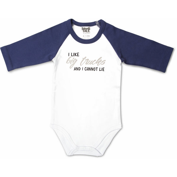 pavilion gift company Big Trucks 6-12 Months 3/4 Length Navy Sleeve Onesie