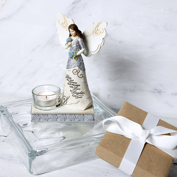 Pavilion Gift Company Bless This Home 6.75" Angel Holding Flowers With Tea Light Holder