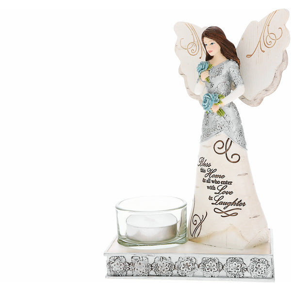 pavilion gift company Bless this Home 6.75" Angel Holding Flowers with Tea Light Holder