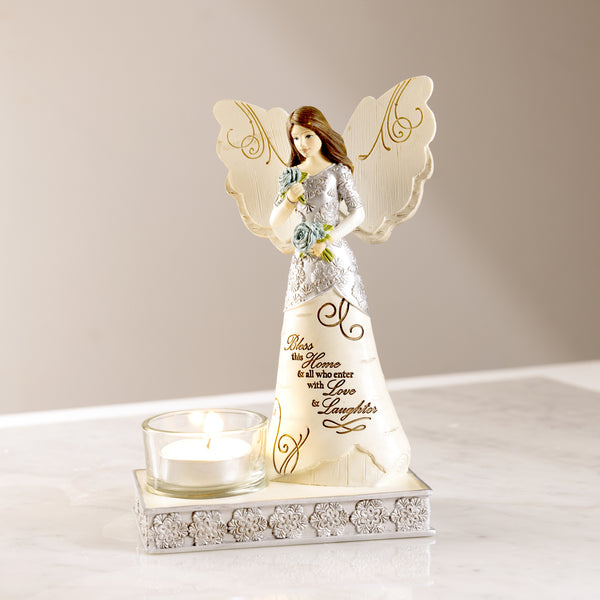 Pavilion Gift Company Bless This Home 6.75" Angel Holding Flowers With Tea Light Holder