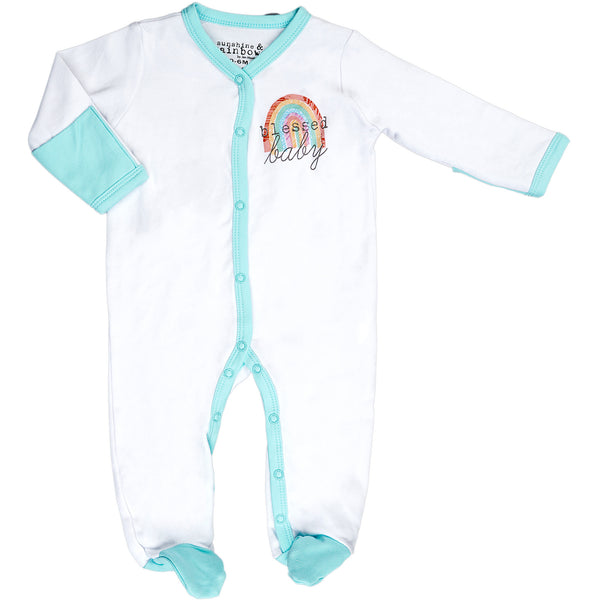 pavilion gift company Blessed Baby 0-6 Months Teal Trimmed Sleeper