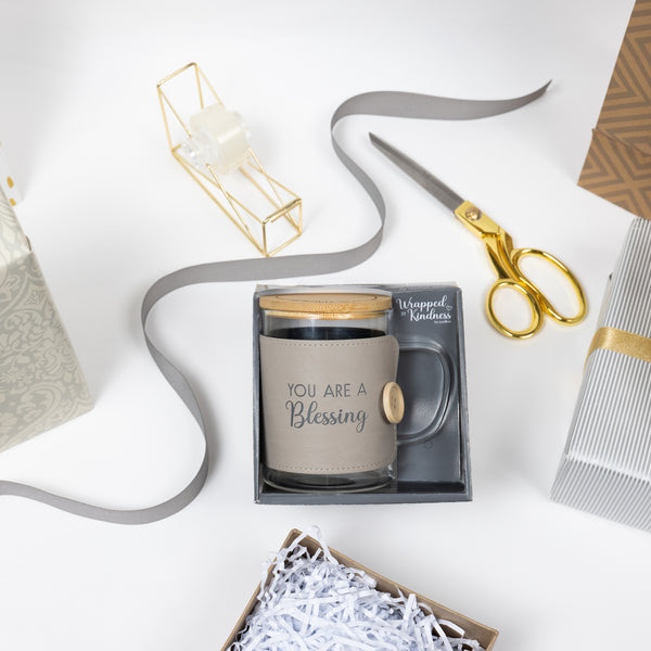 Pavilion Gift Company Blessing 16 Oz Wrapped Glass Mug With Coaster Lid