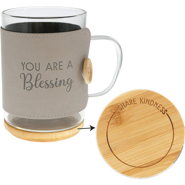 pavilion gift company Blessing 16 oz Wrapped Glass Mug with Coaster Lid
