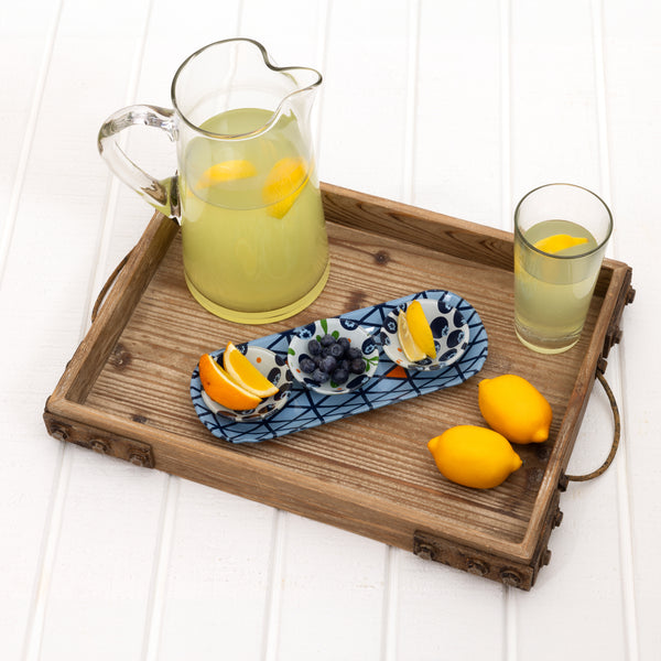 Pavilion Gift Company Blueberries 11" Glass Serving Tray With 3 Bowls
