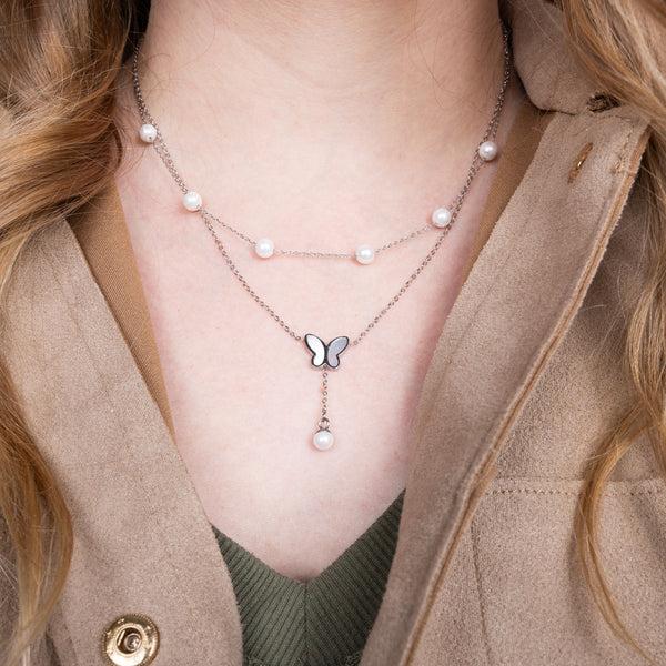 Pavilion Gift Company Butterflies Appear Stainless Steel Layered Necklace