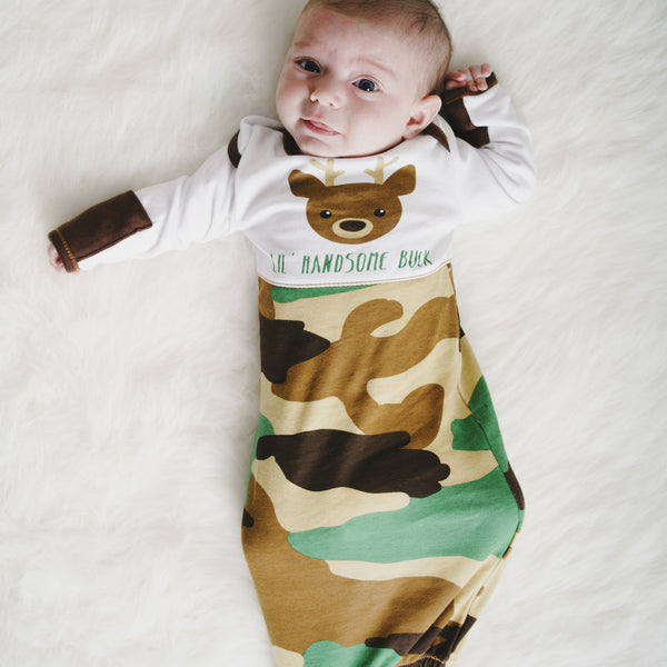 Pavilion Gift Company Camo Deer 0-3 Months Gown With Mitten Cuffs