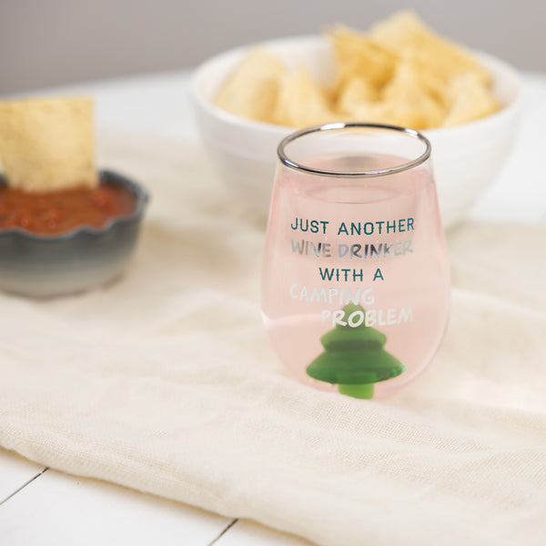 Pavilion Gift Company Camping Problem Pine Tree - 19 Oz. Stemless Wine Glass With 3-D Figurine