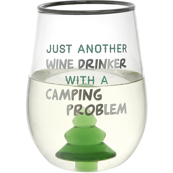 pavilion gift company Camping Problem Pine Tree - 19 oz. Stemless Wine Glass with 3-D Figurine