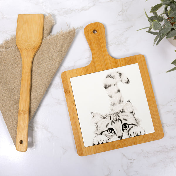 Pavilion Gift Company Cat 7.5" Bamboo & Ceramic Tile Trivet
